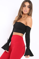 Black Bardot Frill Bell Sleeve Crop Top - Cobie
