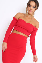 Red Ribbed Frill Bardot Crop Top - Cassidy