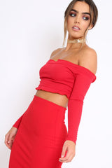 Red Ribbed Frill Bardot Crop Top - Cassidy