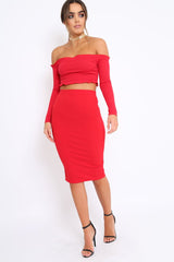 Red Ribbed Frill Bardot Crop Top - Cassidy
