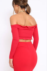 Red Ribbed Frill Bardot Crop Top - Cassidy