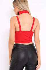 Red With Black Crochet Trim Choker Crop Top - Elly