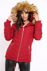 Red Padded Coat With Faux Fur Trim Hood - Jocelyn