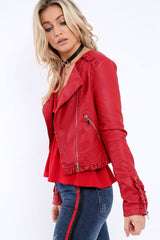 Red Faux Leather Biker Jacket - Colleen
