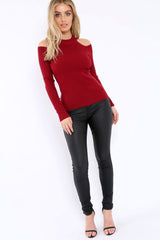 Wine Ribbed Cold Shoulder Jumper - Briella