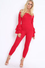 Red Bardot Jumpsuit with Tiered Flared Sleeves - Vivianne