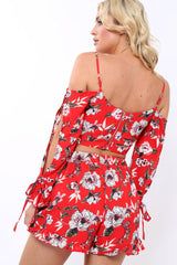Red floral Cold Shoulder Co-ord set - Dahlia