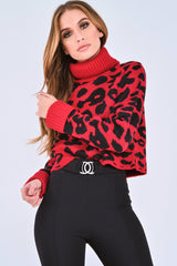 Red Leopard Crop Roll Neck Jumper - Halley