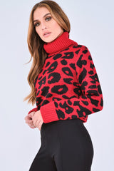 Red Leopard Crop Roll Neck Jumper - Halley
