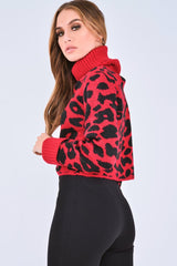 Red Leopard Crop Roll Neck Jumper - Halley