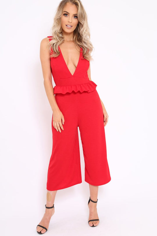 Red Plunge Neck Frill Waist Culottes Jumpsuit - Camille