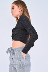 Black Plisse Plunge Twist Front Crop Top - Paolina