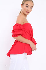 Red Sweet Heart Bardot Top with Ruched Sleeves - Kinza