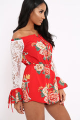 Red Floral Bardot Playsuit with Lace Sleeves - Caroline