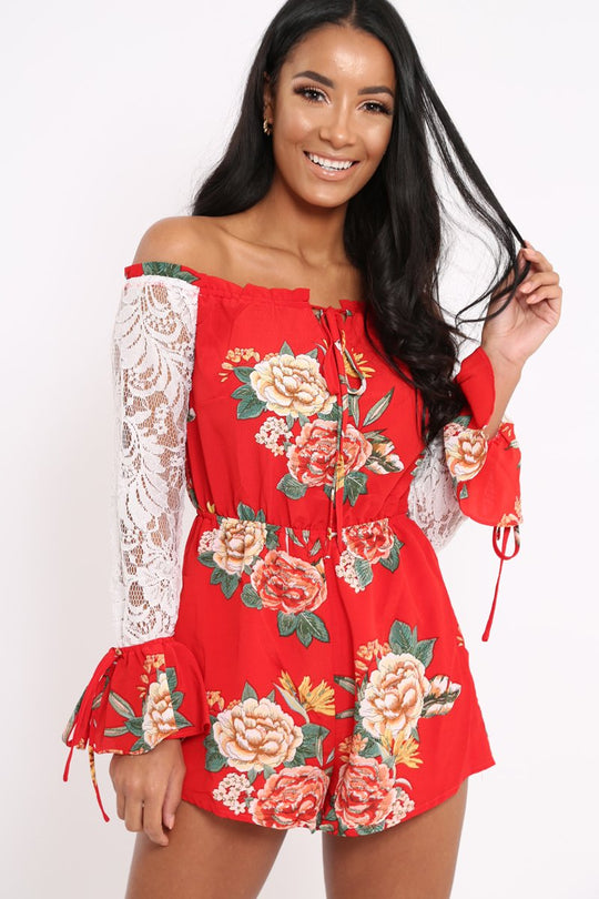 Red Floral Bardot Playsuit with Lace Sleeves - Caroline