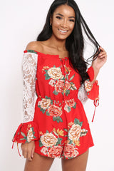 Red Floral Bardot Playsuit with Lace Sleeves - Caroline