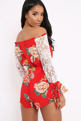 Red Floral Bardot Playsuit with Lace Sleeves - Caroline
