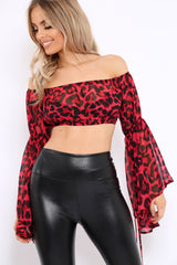 Red Leopard Print Flared Sleeves Sheer Crop Top - Jordan