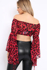 Red Leopard Print Flared Sleeves Sheer Crop Top - Jordan