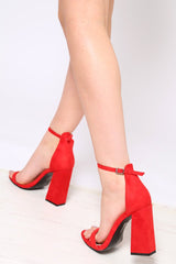 Red Faux Suede Peep Toe Block Heels - Aalia