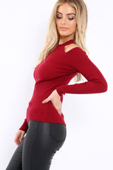Wine Ribbed Cold Shoulder Jumper - Briella