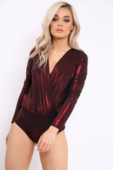 Wine Metallic Wrap Front Bodysuit - Kristen