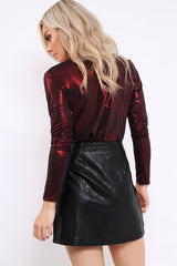 Wine Metallic Wrap Front Bodysuit - Kristen
