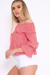 Red Striped Shirred Bardot Top - Jamaiya
