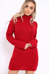 Red Roll Neck Chunky Knit Jumper Dress - Hydie