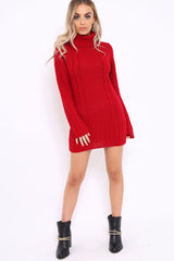 Red Roll Neck Chunky Knit Jumper Dress - Hydie