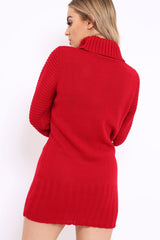 Red Roll Neck Chunky Knit Jumper Dress - Hydie