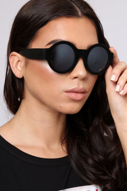 Black Faux Suede Circle Sunglasses - Remmie