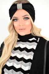 Black Knitted Diamante Detail Headband - Saachi