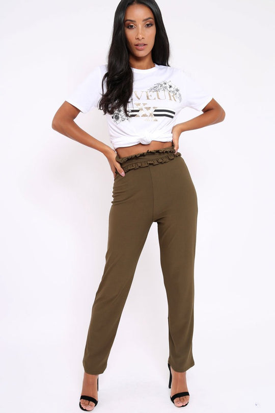 Khaki Frill Hem Wide Legged Trousers - Megan