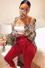 Red Coated Belted Tapered Trousers - Reyna