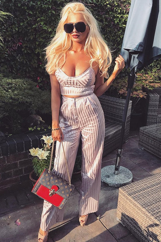 Nude Silky Striped Trousers - Rhiannon