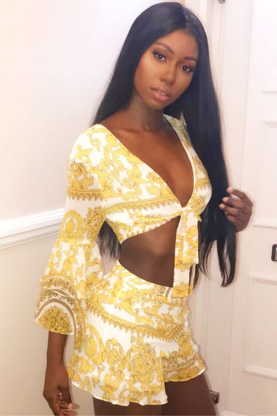 White and Gold Scarf Print Crop Top and Shorts Co-ord - Rhonda