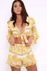 White and Gold Scarf Print Crop Top and Shorts Co-ord - Rhonda