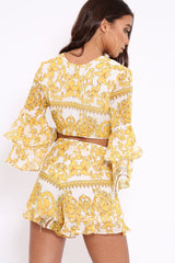 White and Gold Scarf Print Crop Top and Shorts Co-ord - Rhonda