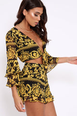 Black and Gold Scarf Print Crop Top and Shorts Co-ord - Rhonda