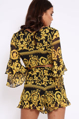 Black and Gold Scarf Print Crop Top and Shorts Co-ord - Rhonda