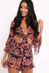 Navy Scarf Print Crop Top and Shorts Co-ord - Rhonda