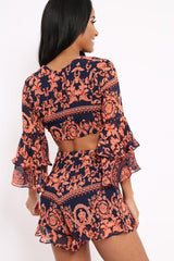 Navy Scarf Print Crop Top and Shorts Co-ord - Rhonda