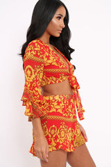 Red Scarf Print Crop Top and Shorts Co-ord - Rhonda