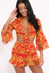 Red Scarf Print Crop Top and Shorts Co-ord - Rhonda