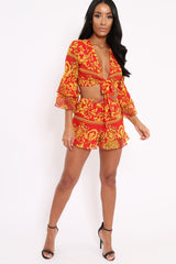 Red Scarf Print Crop Top and Shorts Co-ord - Rhonda