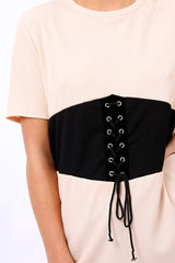 Nude Lace Up Ribbed T-Shirt - Claudie