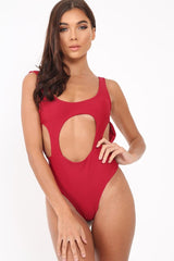 Wine Round Cutout Backless Swimsuit - Rinda