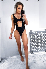 Black Round Cutout Backless Swimsuit - Rinda