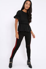 Black Ripped Knee Red Stripe Skinny Jeans - Lucia